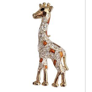 Roman Orange Enamel Clear Rhinestone Giraffe Brooch, Signed M250